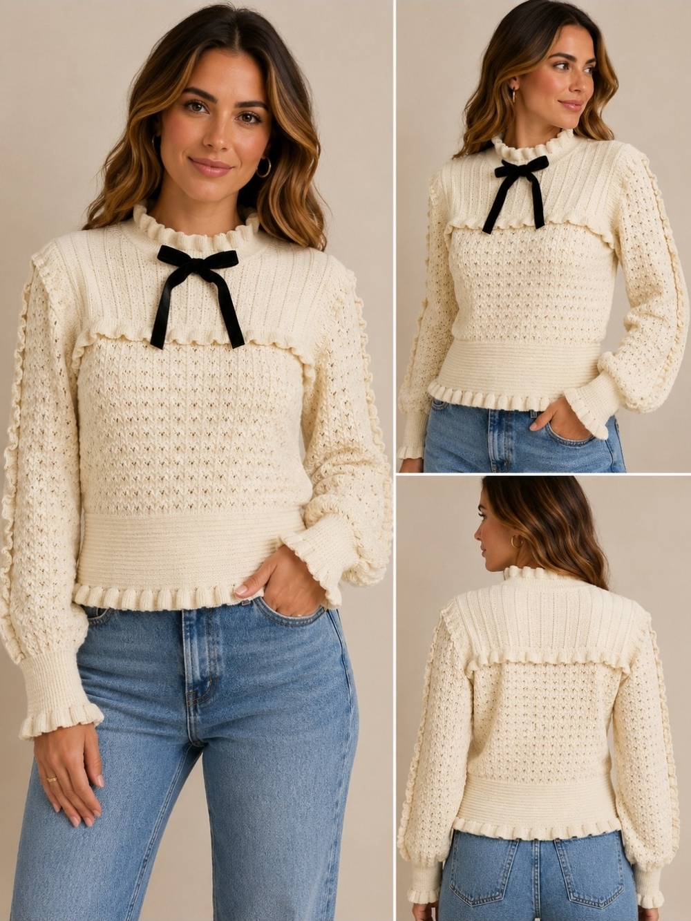 Zara Cream Knit Ruffle Sweater with Black Bow